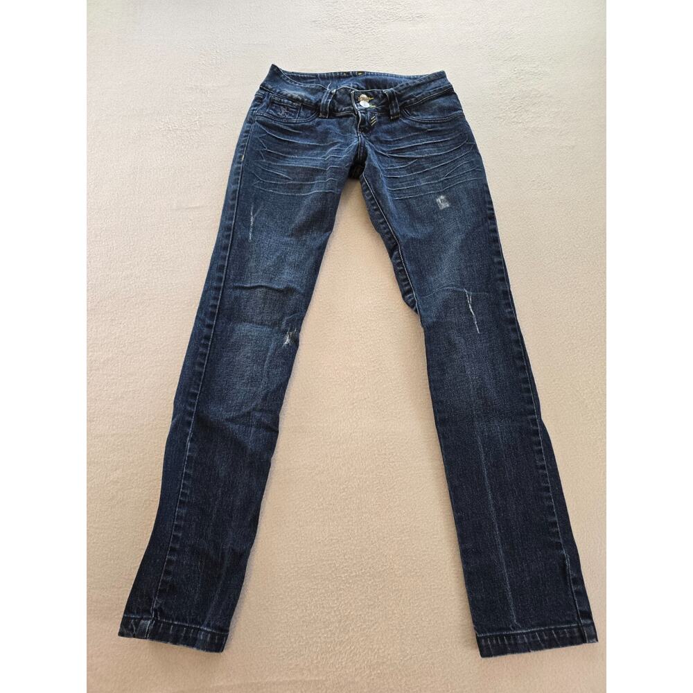 Britanica Jeans Womens 26 Blue Distressed Straight Leg Button Fly Pockets Denim